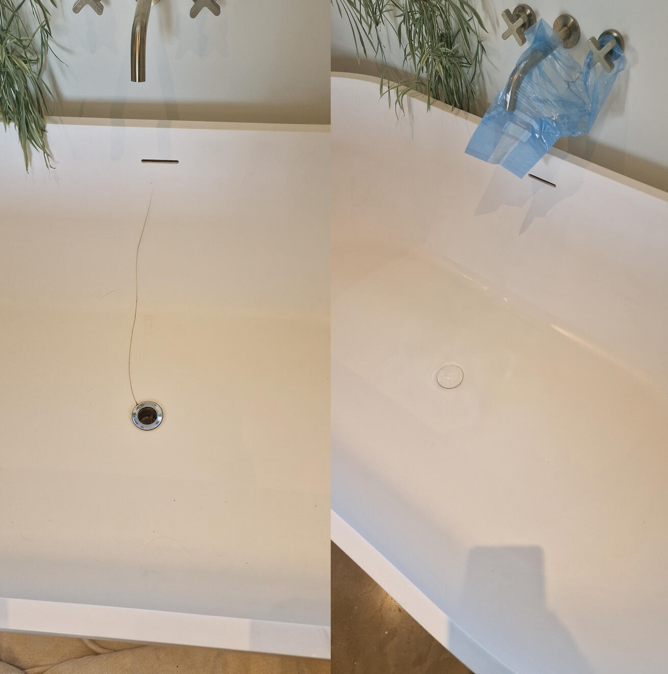 before and after pictures of a stone resin acrylic bath crack repair Reinforced stone resin bath crack repair in Portsmouth