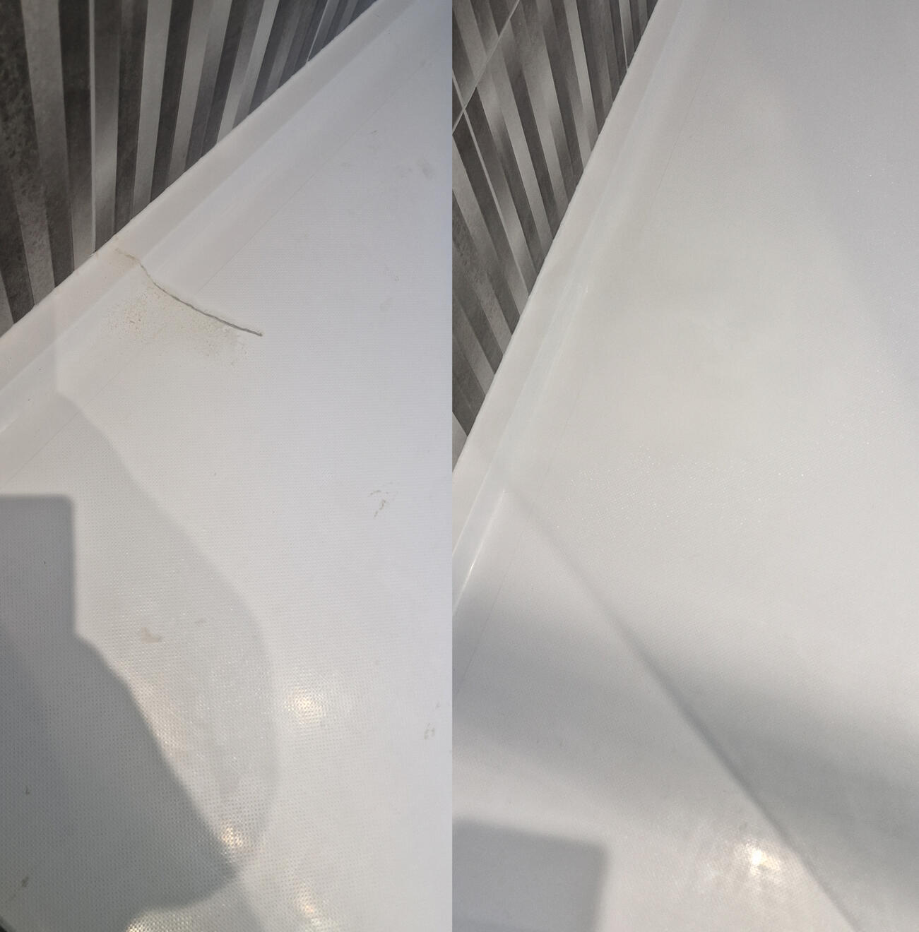 before and after pictures of a stone resin acrylic shower tray crack repair Reinforced shower tray crack repair in Cosham, Portsmouth
