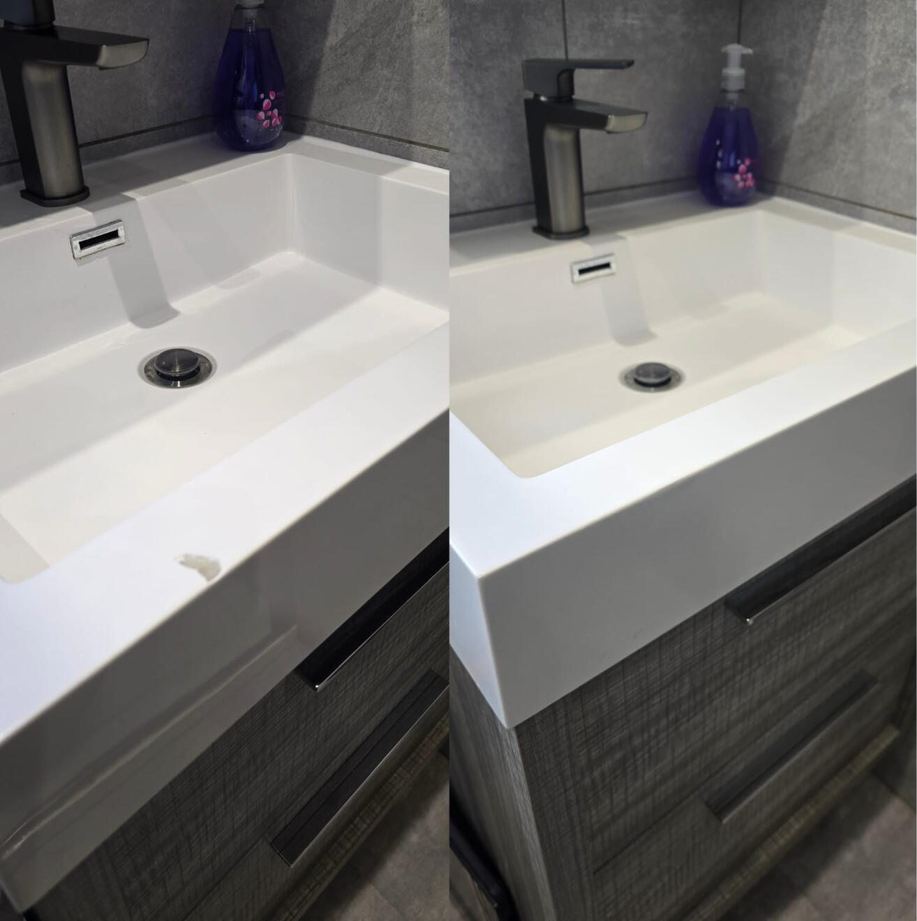 BEFORE AND AFTER PICTURES OF A COMPOSITE BATHROOM BASIN CHIP REPAIR Before and after composite bathroom basin chip repair in Portsmouth