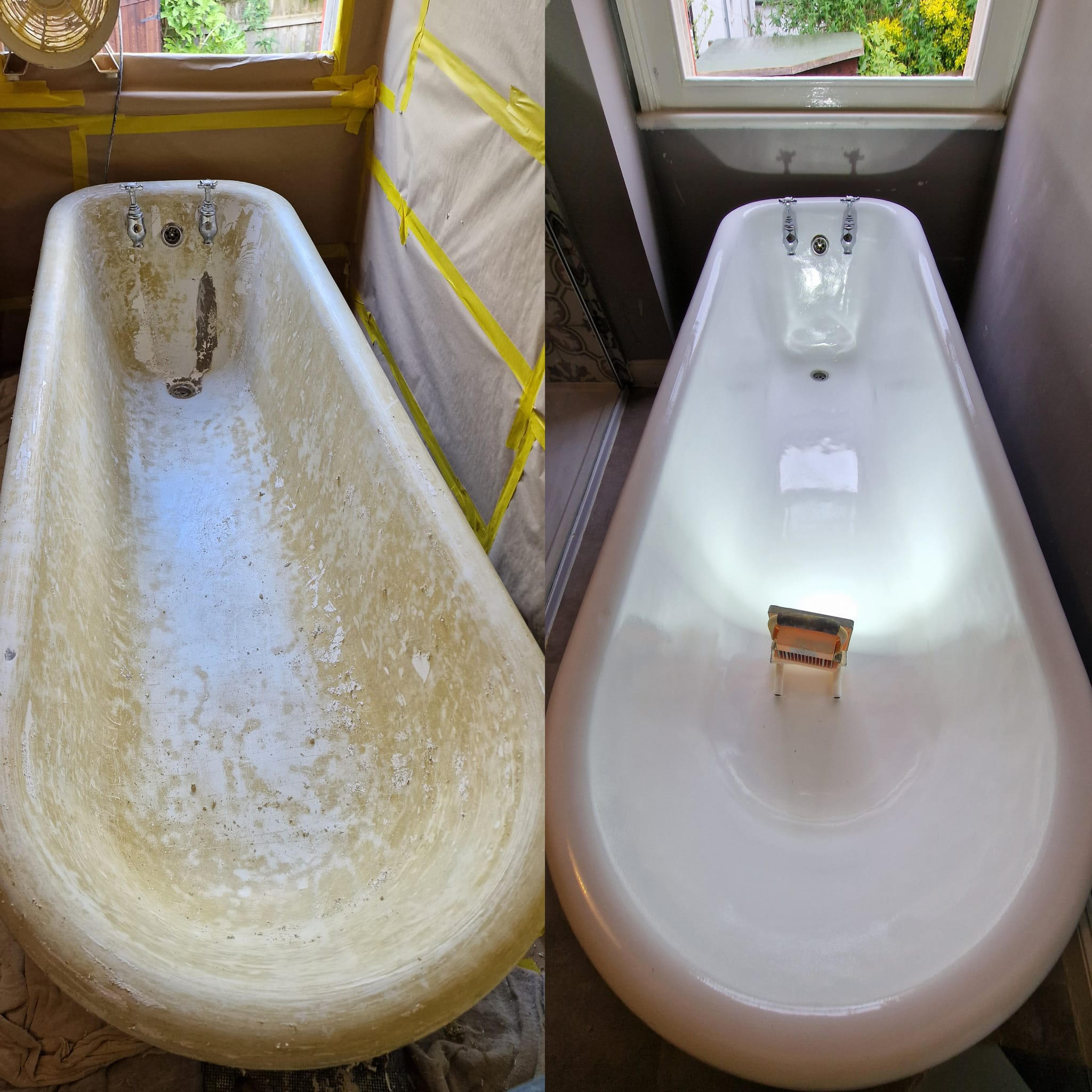 PICTURE OF A BEFORE AND AFTER OF A ROLL TOP CAST IRON BATH Before and after roll top cast iron bath re-enamelling in Cosham, Portsmouth
